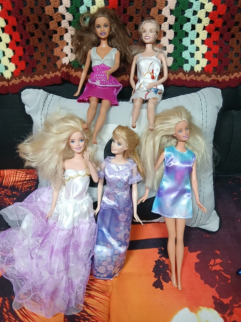 Lot of 5 Fashion Dolls with Colorful Dresses - Vtg. 1999